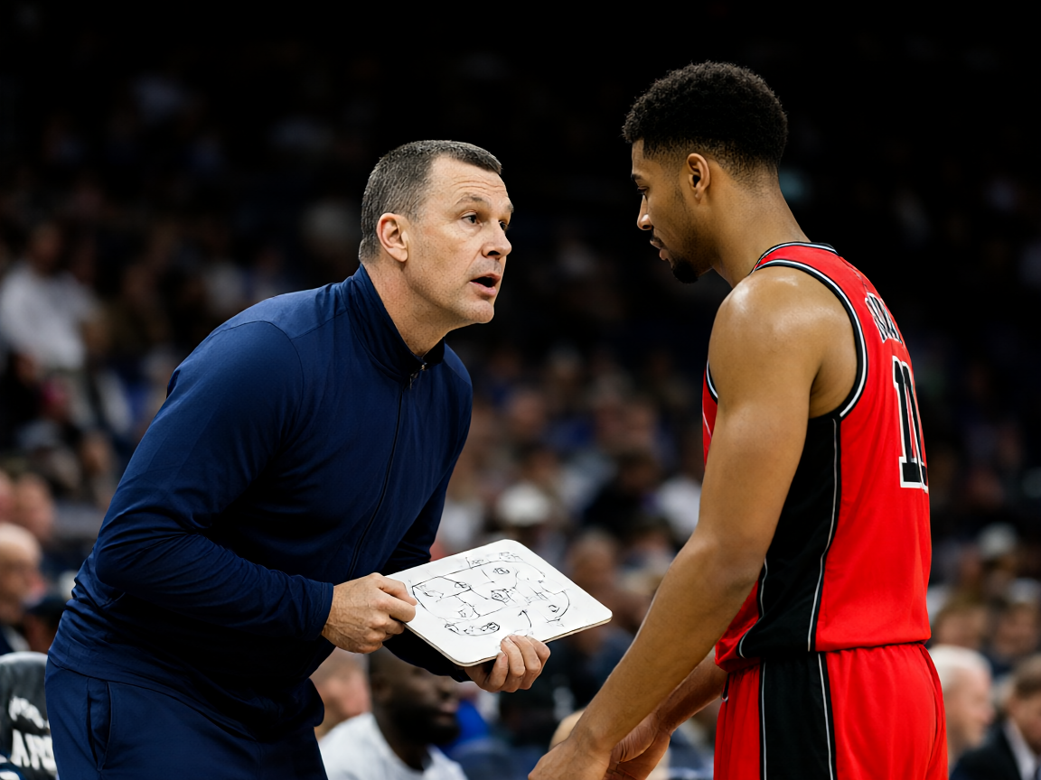 NBA赛场边教练组研究战术，教练手持战术板与球员沟通配合细节