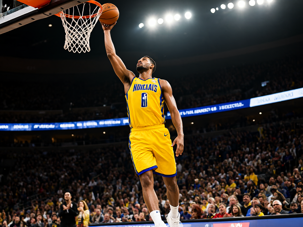 NBA篮球比赛中球员扣篮的精彩瞬间，篮球馆内观众热情高涨